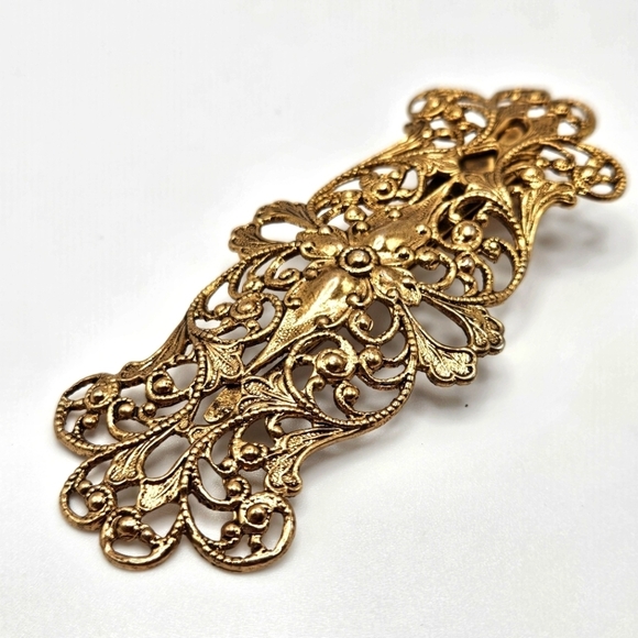 VINTAGE Gold Tone Filigree Ornate Alligator Hair Clip Barrette - Picture 2 of 4